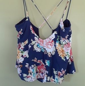 Slinky cross back strappy navy floral tank top